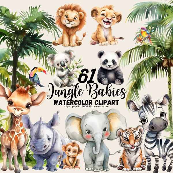 Clipart animaux mignons de la jungle, Safari bébé animal PNG, Clipart Animal aquarelle, Clipart baby shower, Lion tigre zèbre girafe, Safari mignon