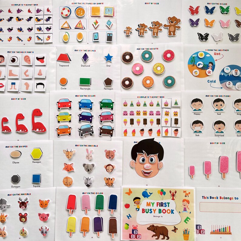 May include: A set of 16 colorful educational activity cards for children. Each card features a different activity, such as matching shapes, colors, or sizes. The cards are designed to help children learn basic concepts and develop their fine motor skills. The cards are printed on sturdy cardstock and are laminated for durability. The cards are perfect for use in the classroom or at home.