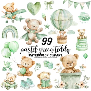 Pacchetto di clipart di orsacchiotto verde acquerello, clipart di orsacchiotto Boho, orsacchiotto carino PNG, orsacchiotto verde oliva, orso volante, baby shower verde pastello