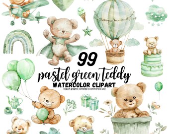 Watercolor Green Teddy Bear Clipart Bundle, Boho Teddy Bear Clipart, Cute Teddy Bear PNG, Olive Teddy, Flying Bear, Pastel Green Baby Shower