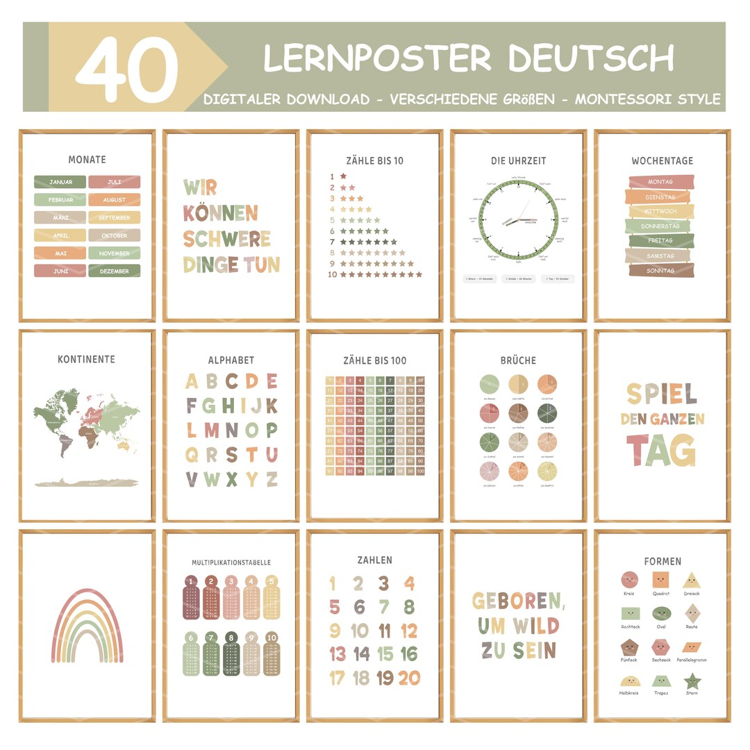 40 Deutsche Lernposter, Montessori Lernposter Set, Lernposter