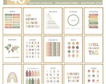 40 Deutsche Lernposter, Montessori Lernposter Set, Lernposter Kinderzimmer, Kinderzimmer Poster A3, Klassenzimmer Poster, Lernposter digital