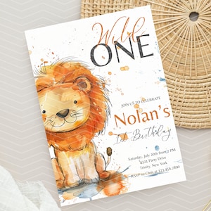 Invito di compleanno Wild One Lion MODIFICABILE, invito Wild One 1° compleanno, invito leone acquerello, invito safari nella giungla, invito leone 1°, ISTANTANEO