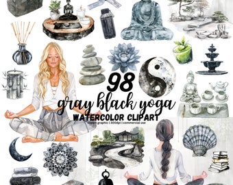 Paquete de imágenes prediseñadas para amantes del yoga en acuarela, Imágenes prediseñadas de meditación, Cuidado personal PNG, Relajación, Yoga negro, Jardín Zen, Símbolo Charka, Yin Yang negro