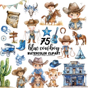 Aquarel schattige Cowboy clipart, baby cowboy PNG, wilde westen clipart, baby westerse clipart, woestijn clipart, sedan, cactus PNG, blauwe cowboy