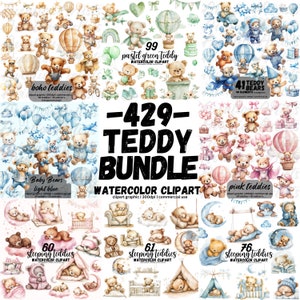 Teddy Bär Clipart Bundle, Neutral Boho Kindergarten Clipart, Aquarell Baby Dusche Teddy Clipart Bundle, Bär Heißluftballon, schläfrige Bären