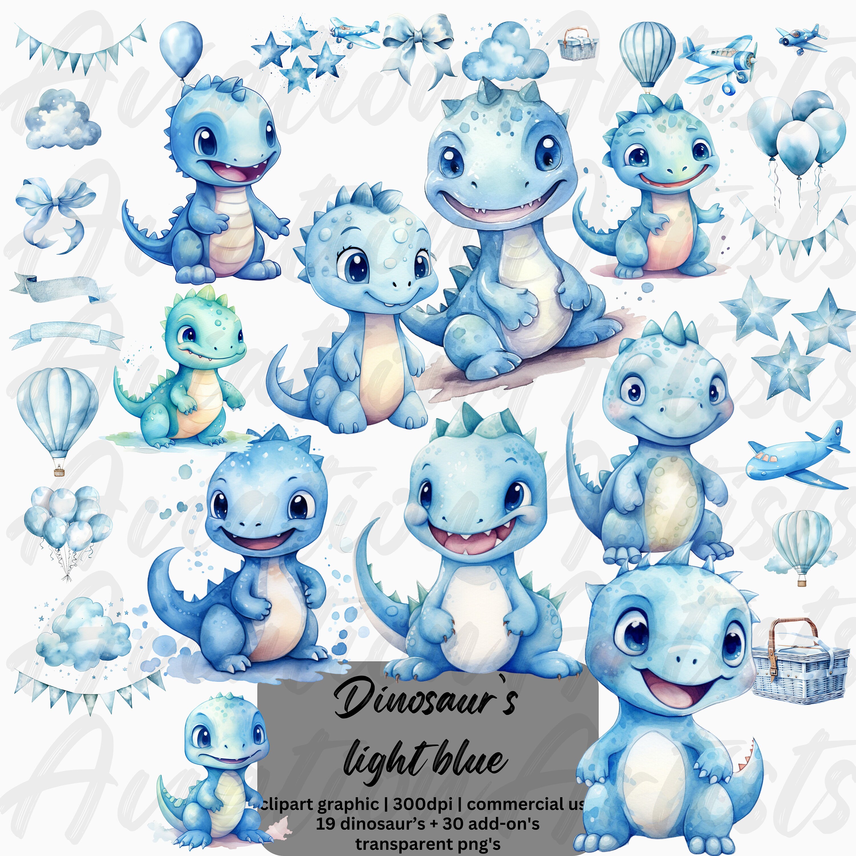 Watercolor Blue Dinosaur Clipart, Dino Nursery Decor, Baby Boy Dinosaur ...