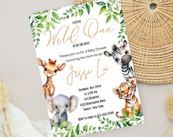 Ensemble d'invitations modifiables aquarelle Wild One Safari baby shower, invitation baby shower jungle, invitation verdure animaux de safari de la jungle, Oh Boy