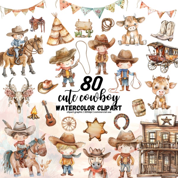 Watercolor Cute Cowboy Clipart, Baby Cowboy PNG, Wild West Clipart, Baby Western Clipart, Desert Clipart, Saloon, Cactus PNG, Saddle Clipart