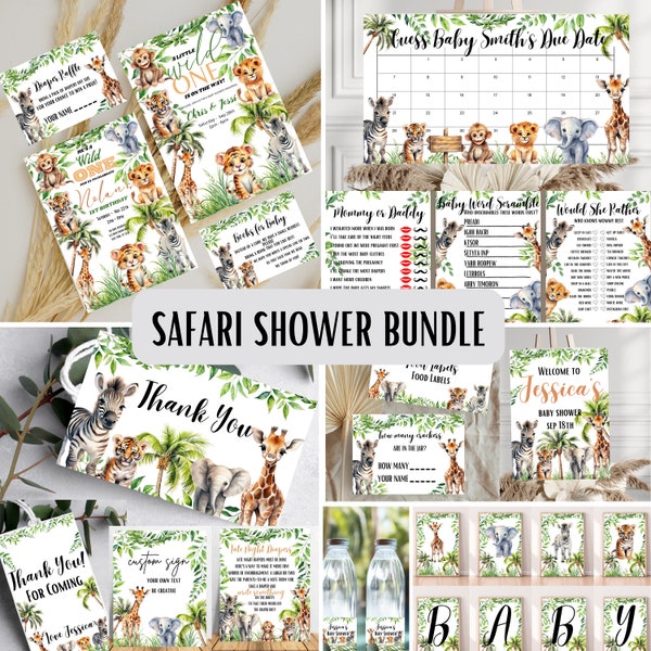 Safari Animals Baby Shower Bundle, Editable Safari Baby Shower Invitation Set, Jungle Animals Baby Shower, Instant Download, Gender Neutral