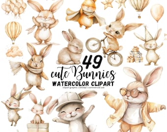 Cute Watercolor Bunny Clipart, Beige Bunny PNG, Boho Bunny Clipart, Beige Bunny Baby Shower, Bunny Birthday Clipart, Easter Bunny Rabbit png