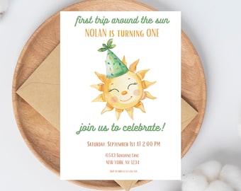 Editable First Trip Around The Sun Invitation, Sun Birthday Invite, Sun Birthday Invitation, Sunshine 1st Birthday Invite, Sunshine Birthday