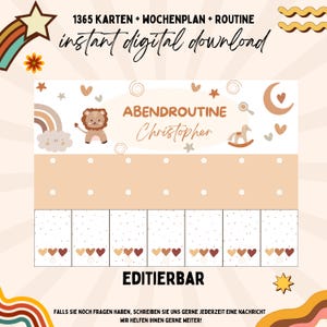 Puede incluir: Una descarga digital imprimible para la rutina de la hora de acostarse de un ni&ntilde;o. El dise&ntilde;o presenta un le&oacute;n, un caballo de balanc&iacute;n, un arco&iacute;ris y una luna. El texto dice "Abendroutine Christopher" y "Editierbar".