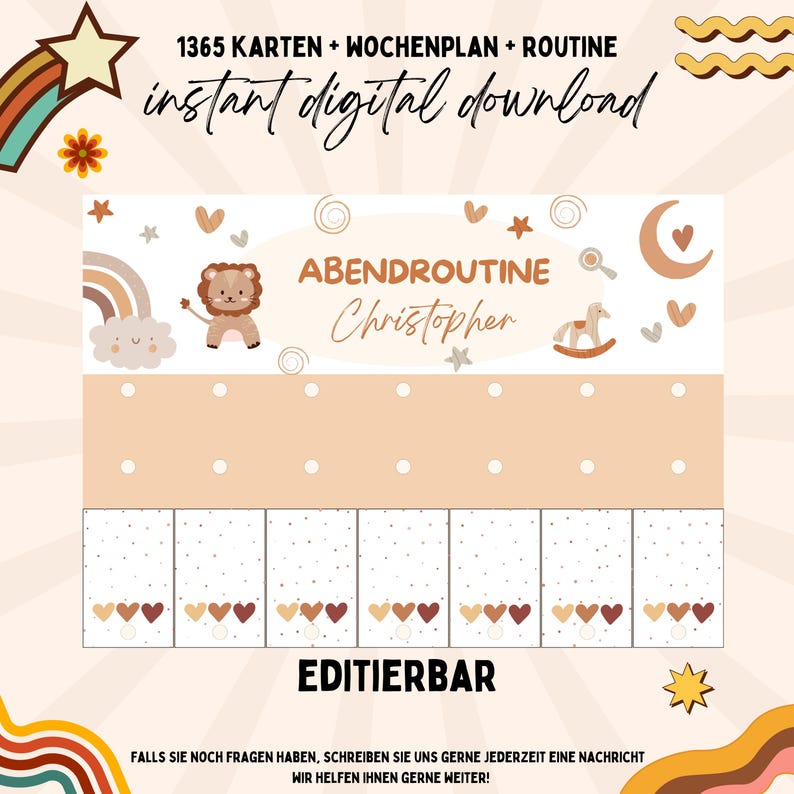 Puede incluir: Una descarga digital imprimible para la rutina de la hora de acostarse de un ni&ntilde;o. El dise&ntilde;o presenta un le&oacute;n, un caballo de balanc&iacute;n, un arco&iacute;ris y una luna. El texto dice "Abendroutine Christopher" y "Editierbar".