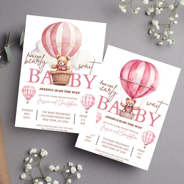 2x Editable PINK Teddy Bear Hot Air Balloon Bear Theme GIRL Baby Shower Invitation We Can Bearly Wait pink bear hot air balloon baby shower