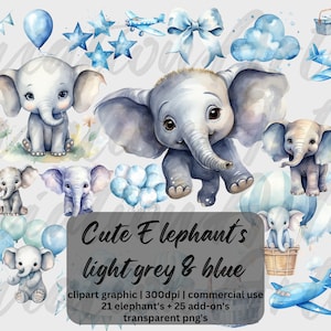 Watercolor Elephant Clip Art Clipart Pack, Watercolor Baby Shower for a boy,  cute baby elephant PNG, baby boy clip art, nursery decor blue