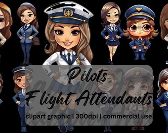 50x chibi Flight Attendant clipart female woman Pilot clipart Aviation clipart bundle png skygirl clipart cabin crew png Stewardess clipart