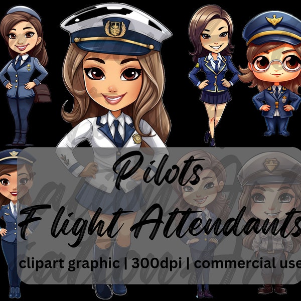 50x chibi Flugbegleiter Clipart weiblich Frau Pilot Clipart Luftfahrt Clipart Bundle png Skygirl Cliparts Cabin Crew png Stewardess Clipart