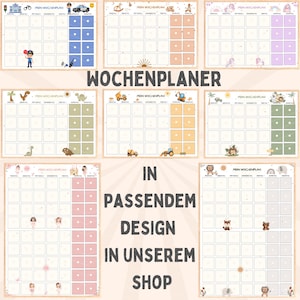 Puede incluir: Nueve plantillas de planificador semanal imprimibles con diferentes temas. Cada plantilla presenta una ilustraci&oacute;n colorida y el texto "Mein Wochenplan" que se traduce como "Mi planificador semanal".