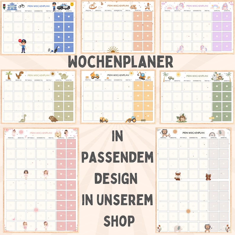 Puede incluir: Nueve plantillas de planificador semanal imprimibles con diferentes temas. Cada plantilla presenta una ilustraci&oacute;n colorida y el texto "Mein Wochenplan" que se traduce como "Mi planificador semanal".