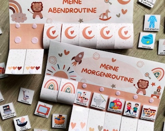 Morgen und Abendroutine für Kinder Boho, Montessori Deutsch, Routineplan Kinder zum Ausdrucken,  Routinekarten pdf, Morgenroutine für Kinder