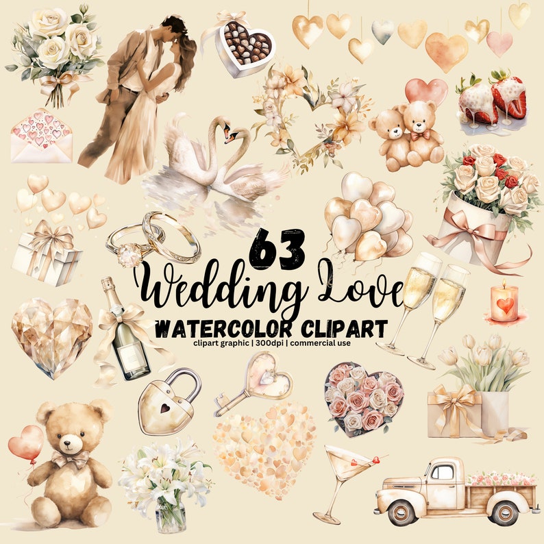 Boho Wedding Clipart, Wedding Day Valentines Clipart, Watercolor ...