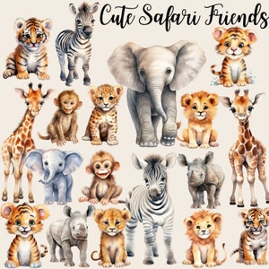May include: A watercolor illustration of cute safari animals, including a zebra, giraffe, elephant, lion, tiger, monkey, rhino, and cheetah. The animals are all depicted in a cartoon style and have friendly expressions. The illustration is perfect for a nursery or children's room.