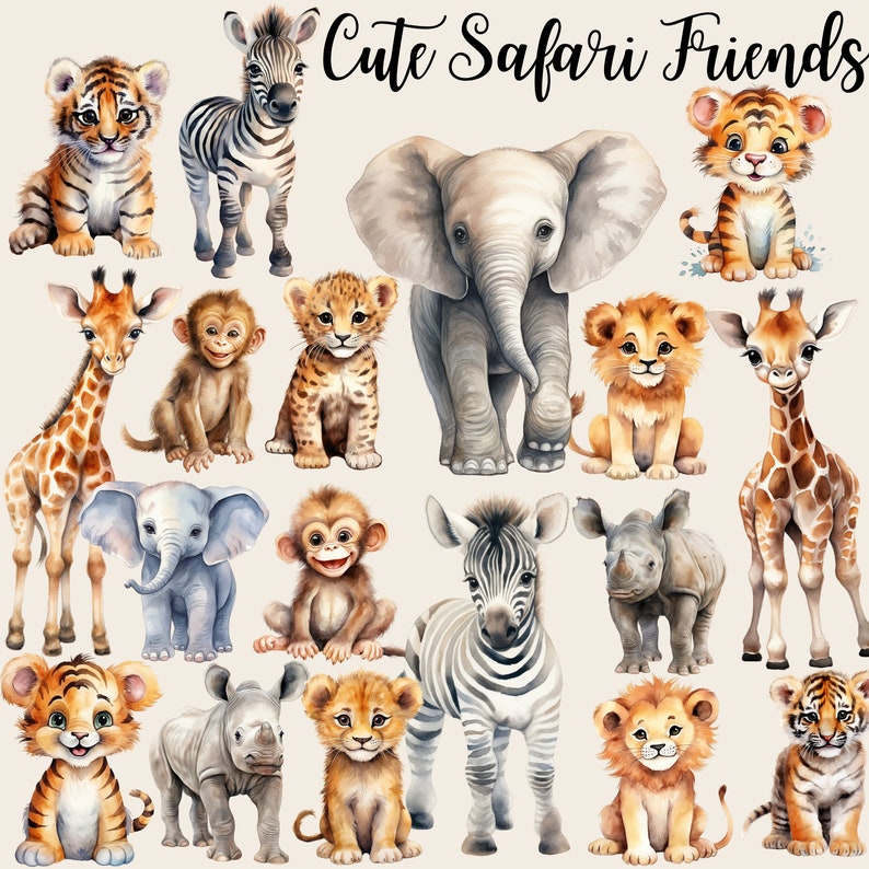 May include: A watercolor illustration of cute safari animals, including a zebra, giraffe, elephant, lion, tiger, monkey, rhino, and cheetah. The animals are all depicted in a cartoon style and have friendly expressions. The illustration is perfect for a nursery or children's room.