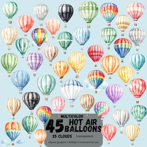 45 mongolfiere colorate + 35 nuvole, pacchetto PNG mongolfiera, mongolfiera clipart, mongolfiera, baby shower, arredamento per nursery, arte da parete per bambini
