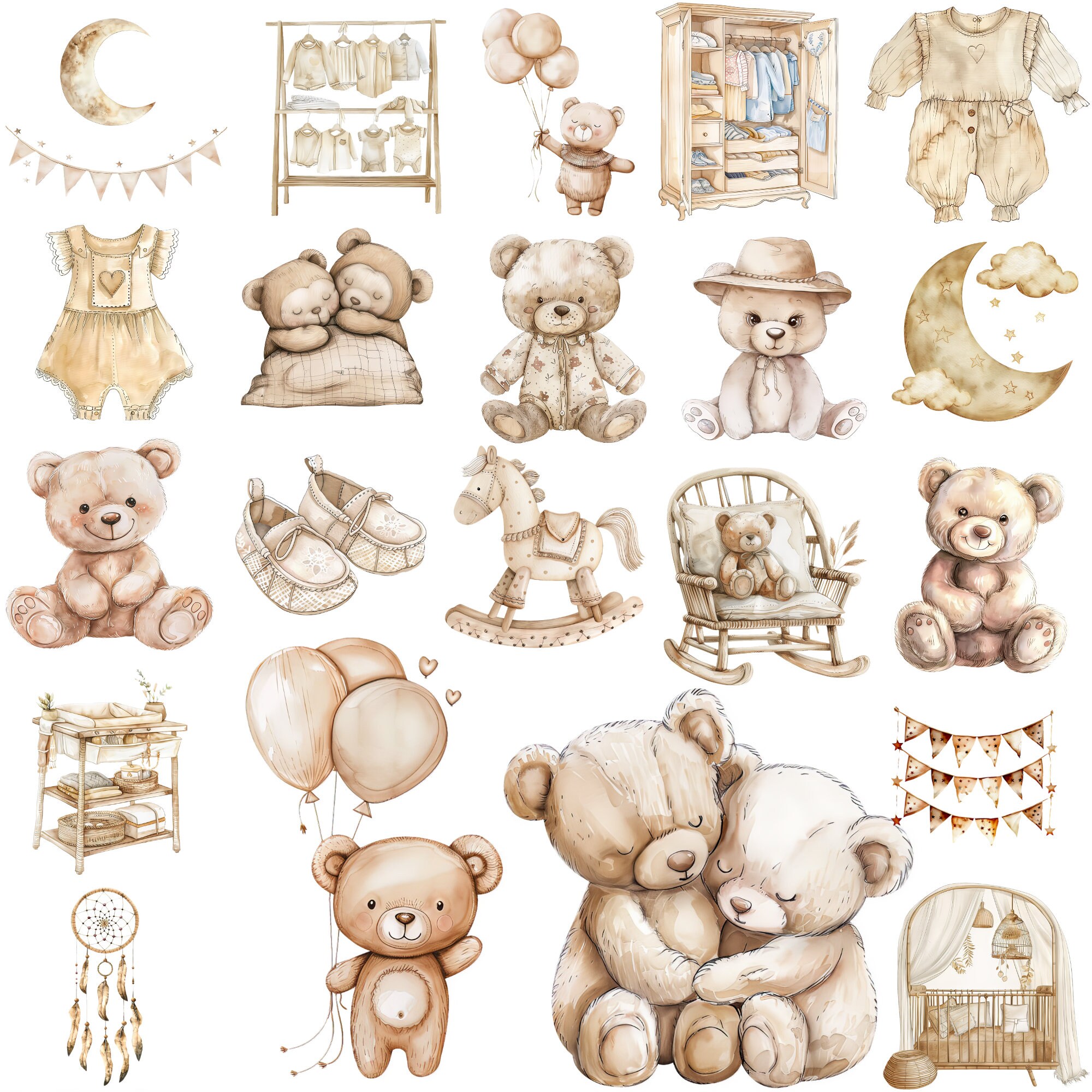 Gender Neutral Baby Shower Clipart, Boho Baby Clipart, Teddy Bear ...