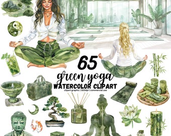 Watercolor Yoga Lover Clipart Bundle, Meditation Clip Art, Self Care PNG, Relaxation, Green Yoga, Zen Garden, Charka Symbol, Yin Yang, Fit