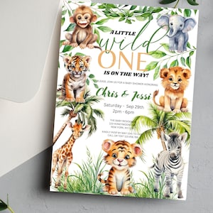 Invito per baby shower "Wild One" modificabile con acquerello, invito per baby shower "Safari Wild One" con tema giungla, invito per baby shower "Safari Baby Shower Boy"