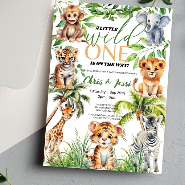 Editable Watercolor Wild One Baby Shower Invitation, Safari Wild One Baby Shower Jungle baby Shower Invitation Safari Baby Shower Boy Invite