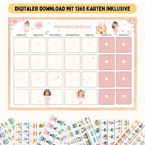 May include: A pink and white weekly planner with a fairy theme. The planner has a grid of 28 squares with the days of the week labeled at the top. The planner includes 1365 cards.