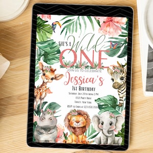 Editable Safari Birthday Invitation, Girl Wild One Invitation, Jungle Invitation, 1st Birthday Invitation, Pink Safari Invite, Watercolor
