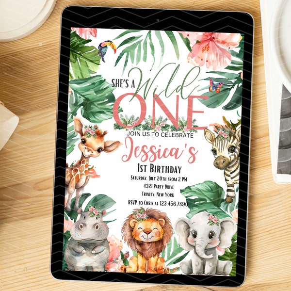 Editable Safari Birthday Invitation, Girl Wild One Invitation, Jungle Invitation, 1st Birthday Invitation, Pink Safari Invite, Watercolor