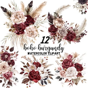 Aquarel Bourgondische bloemen clipart, Bourgondische bloemboeket, Boho Floral clipart, Bourgondische en crème bloemen PNG, Boho Bourgondische bruiloft
