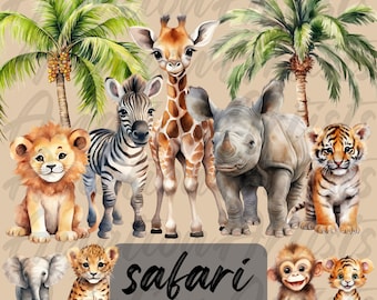 Safari Animals Clipart Watercolor, jungle safari png, baby safari animals PNG, safari clipart elephant zebra giraffe tiger lion, baby shower