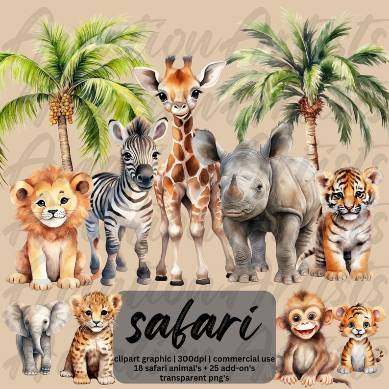 May include: A watercolor illustration of a safari animal collection. The animals include a lion, zebra, giraffe, rhinoceros, tiger, elephant, monkey, and a leopard. The animals are all depicted in a cute and cartoonish style. The background is a light brown color.