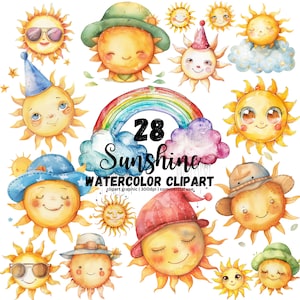Lindo sol clipart, arco iris PNG, sol boho, sol de acuarela, sol de verano, primer viaje alrededor del sol, sol sonriente feliz, sol lindo acuarela