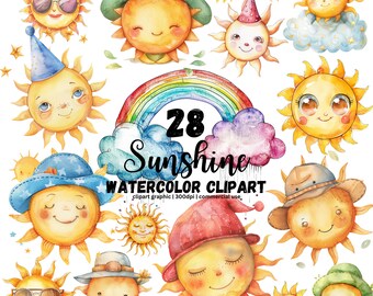 Cute Sun Clipart, Rainbow PNG, Boho Sun,  Watercolor Sun, Summer Sunshine, First Trip Around The Sun, Happy Smiling Sun, Watercolor Cute Sun