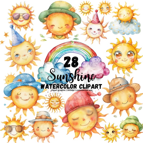 Cute Sun Clipart, Rainbow PNG, Boho Sun,  Watercolor Sun, Summer Sunshine, First Trip Around The Sun, Happy Smiling Sun, Watercolor Cute Sun