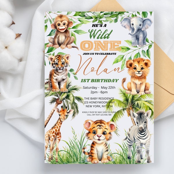 Editable Watercolor Wild One 1st Birthday Invitation, Safari Wild One Birthday Invitation, Jungle Invitation Safari Invitation Safari Shower