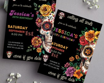 2x Day of the Dead Birthday Invite, Dia de los Muertos Birthday Invitation, Mexico Halloween Sugar Skull Party Invite, Fiesta Sugar Skull