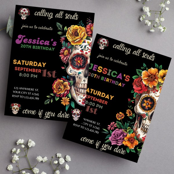 2x Day of the Dead Birthday Invite, Dia de los Muertos Birthday Invitation, Mexico Halloween Sugar Skull Party Invite, Fiesta Sugar Skull