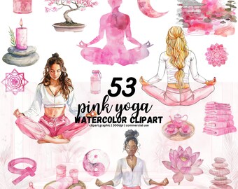 Puede incluir: Un conjunto de 53 ilustraciones de yoga en acuarela rosa. Las ilustraciones incluyen posturas de yoga, meditación, flores, velas y otros artículos relacionados con el yoga.