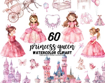 Aquarel prinses clipart, kleine prinses clipart, sprookjesachtige clipart prinses en kasteel PNG roze prinses vervoer, koningin kasteel clipart