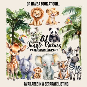 May include: A set of 61 watercolor clipart images of jungle animals, including a giraffe, rhino, elephant, zebra, tiger, monkey, koala, panda, and lion. The images are perfect for creating invitations, cards, and other crafts.
