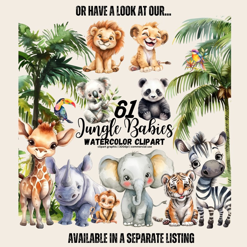 May include: A set of 61 watercolor clipart images of jungle animals, including a giraffe, rhino, elephant, zebra, tiger, monkey, koala, panda, and lion. The images are perfect for creating invitations, cards, and other crafts.
