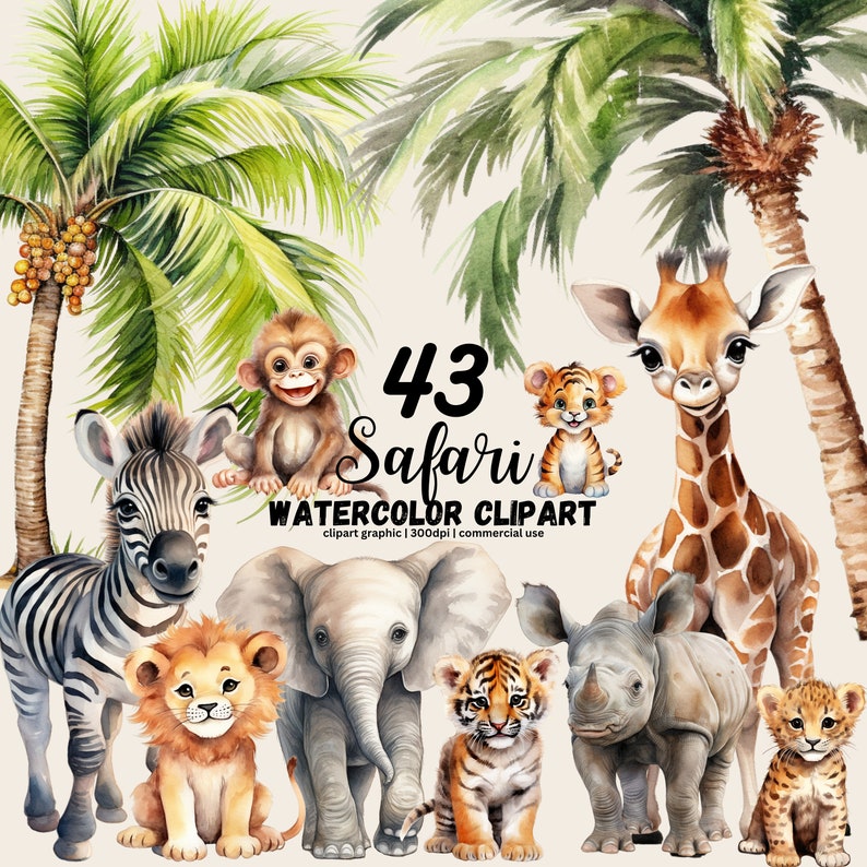 May include: A set of 43 watercolor safari animal illustrations. The animals include a zebra, giraffe, monkey, elephant, rhino, lion, tiger, and leopard. The illustrations are perfect for creating invitations, cards, and other crafts.